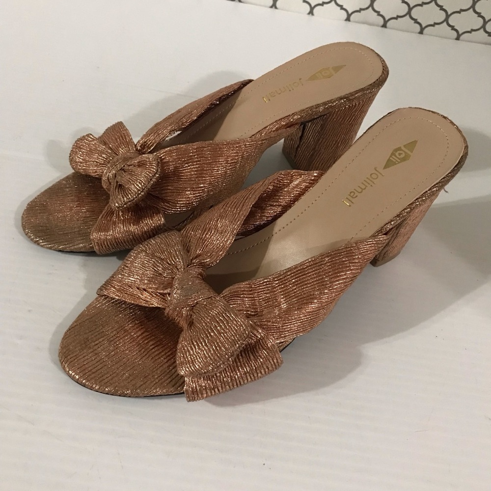 Jeffrey Campbell Rose Gold Bow Block Heel Mules Size 9